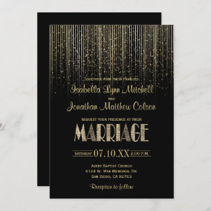 Gold Star Rain Shower & Black Wedding Invitation