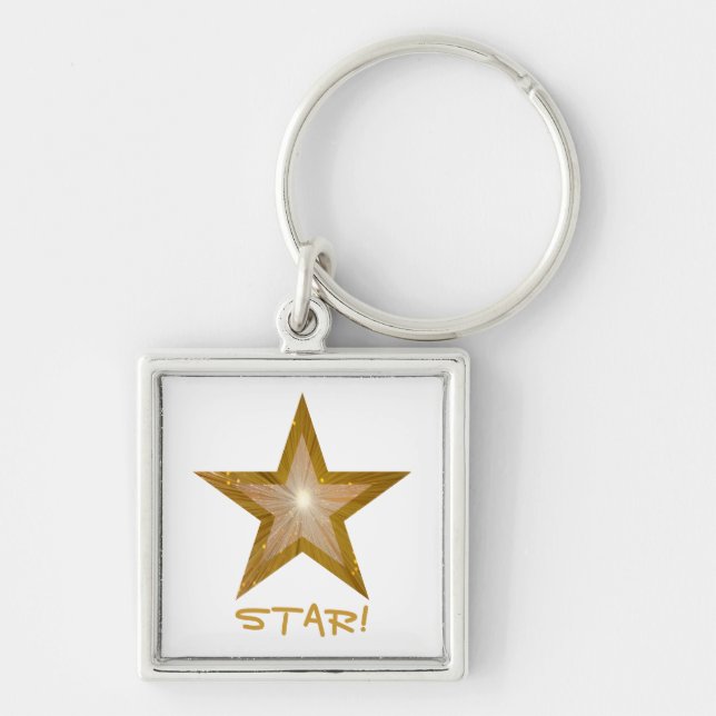 Gold Star 'STAR!' keychain square white (Front)