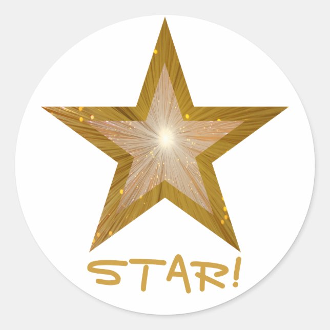 Gold Star 'STAR!' round sticker white (Front)