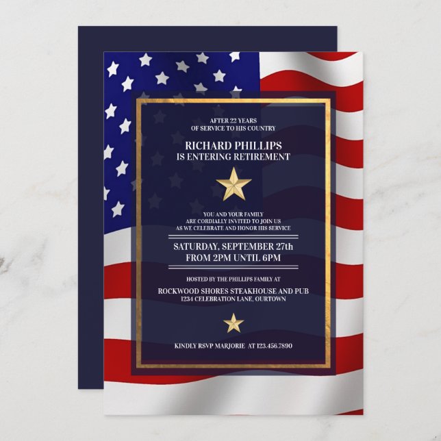 Gold Star US Flag Military Retirement Party Invitation (Front/Back)