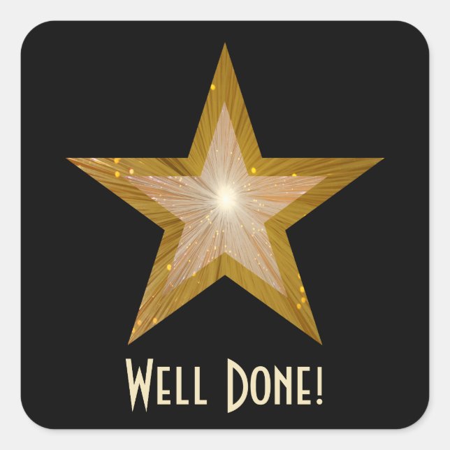 Gold Star 'Well Done!' square sticker black (Front)