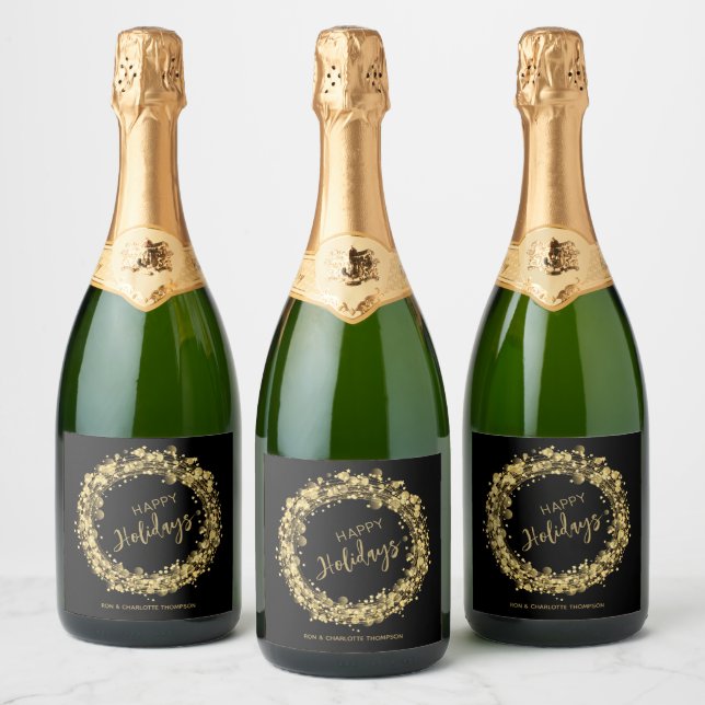 Gold Star Wreath Happy Holidays Black Sparkling Wine Label (Bottles)