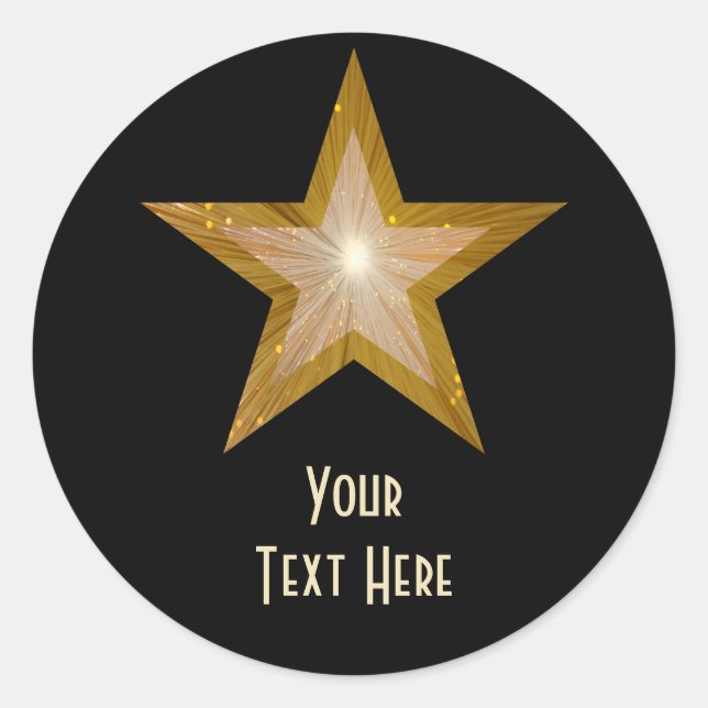 "Gold" Star 'Your Text' round sticker black (Front)