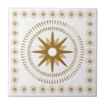 Gold Starburst Medallion Ceramic Tile<br><div class="desc">Elegant tile with a vintage-inspired design features aretro gold starburst medallion on a white background, framed by a border of smaller geometric starburst circular medallions. Simple, clean design. Create your own custom pattern by using the fields provided, or use the "message" button to contact the designer for help. To create...</div>