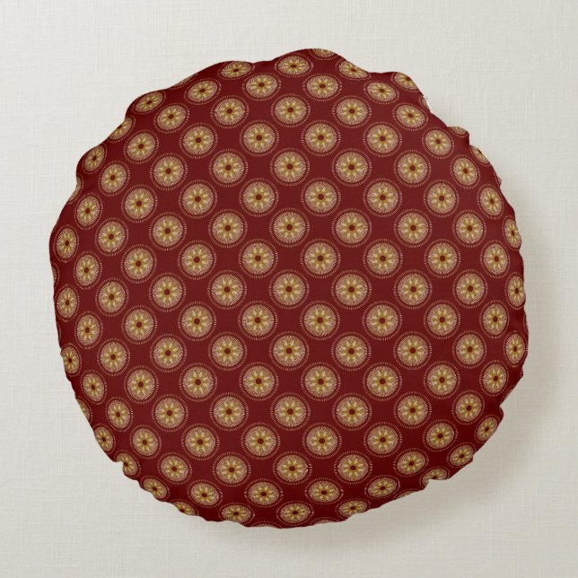 Gold Starburst Medallion Pattern | Burgundy Round Cushion (Back)