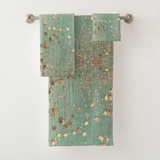 Gold Stardust on Sea Green  Bath Towel Set (Insitu)