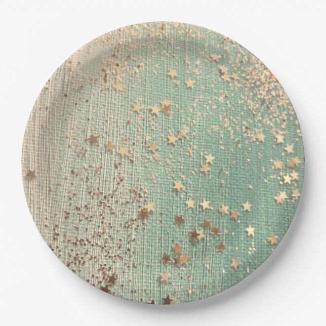 Gold Stardust on Sea Green Paper Plate (Front)
