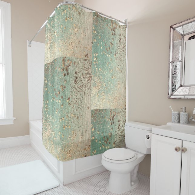 Gold Stardust on Sea Green  Shower Curtain (In Situ)