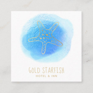 *~* Gold STARFISH Beach Ocean Sea White Blue Blob Square Business Card
