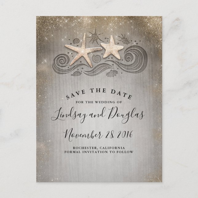 Gold Starfish Couple Beach Tropical Save the Date Announcement Postcard (Front)