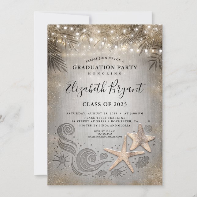 Gold Starfish Tropical Beach Lights Graduation Invitation (Front)