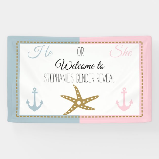 Gold Starfish with Pink, Blue Anchor Gender Reveal Banner (Horizontal)