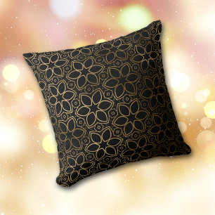 Gold Starflower Pattern on Black Throw Pillow