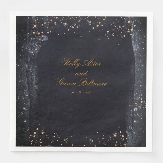 Gold Starry Night Black & Gold Elegant Wedding Napkin (Front)