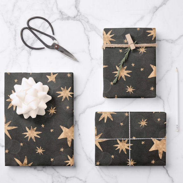 Gold Starry Nights Holiday Wrapping Paper Sheet (Front)