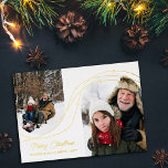Gold Starry Strings Arch Photos Merry Christmas Foil Holiday Card<br><div class="desc">Charming Christmas card with two photos in arch-shapes adorned with gold foil strings running across the card decorated with little gold foil stars and dots.</div>