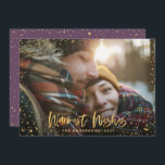 Gold stars 1 photo purple Christmas modern Holiday Card<br><div class="desc">Gold star Season's greetings Christmas 1 photo holiday card. With a script text and gold effect design,  purple back ground color can be change to suit your style.</div>