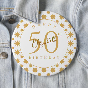 Gold Stars 50th Birthday Custom Name 6 Cm Round Badge