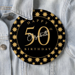 Gold Stars 50th Birthday Custom Name  6 Cm Round Badge