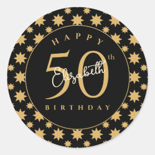 Gold Stars 50th Birthday Custom Name Classic Round Sticker