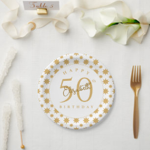 Gold Stars 50th Birthday Custom Name  Paper Plate