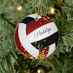 gold stars accent cute maroon black volleyball ceramic ornament