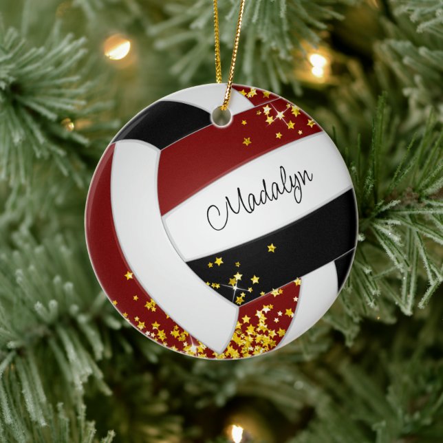 gold stars accent cute maroon black volleyball ceramic ornament (Tree)