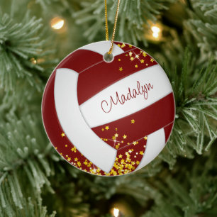 gold stars accent girls keepsake maroon volleyball ceramic ornament