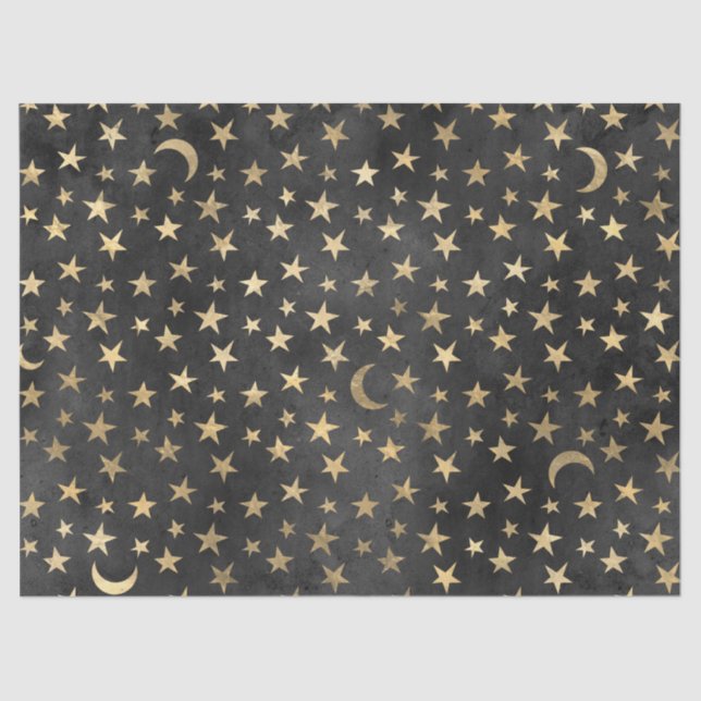 Gold Stars and Moons on Black Decoupage Tissue Paper (Front)
