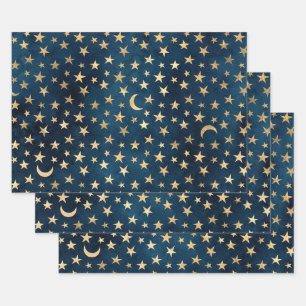 Gold Stars and Moons on Blue Wrapping Paper Sheet