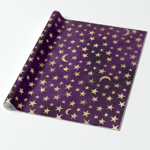 Gold Stars and Moons on Purple Wrapping Paper