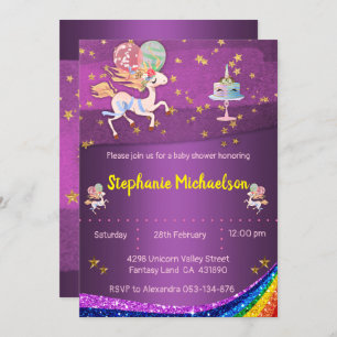 Gold Stars and Purple Unicorn Baby Shower Invitation