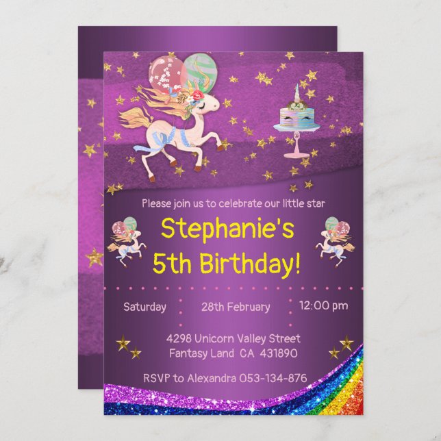 Gold Stars and Purple Unicorn Birthday Invitation (Front/Back)