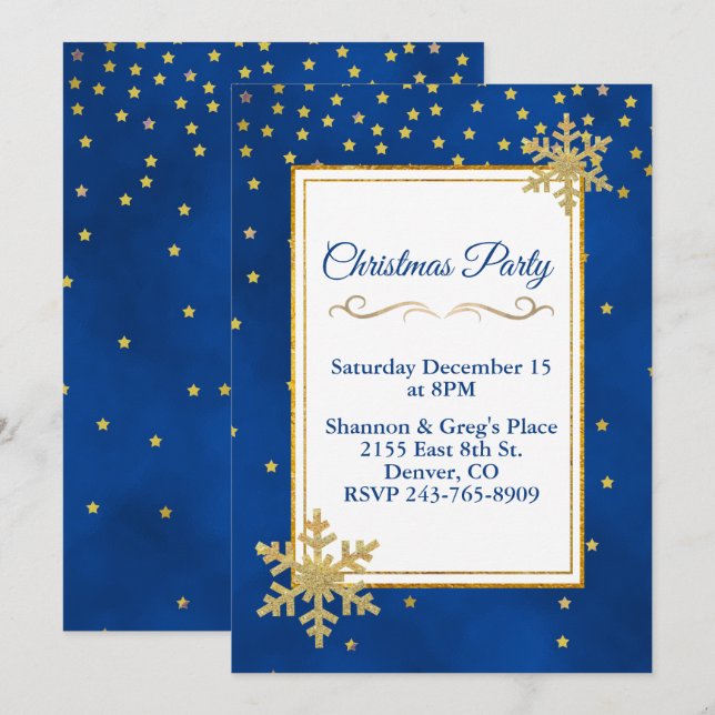 Gold Stars and Snowflakes Holiday Party Invitation (Front/Back)