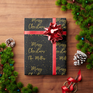 Gold Stars and Sparkles Black Merry Christmas Wrapping Paper