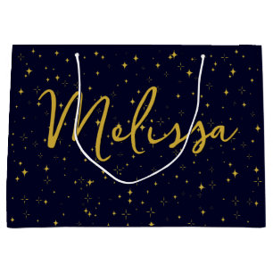 Gold Stars and Sparkles Personalised Dark Blue Large Gift Bag