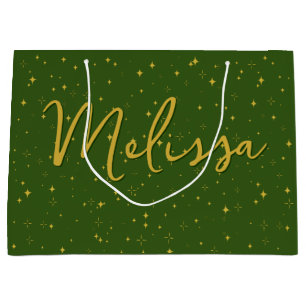 Gold Stars and Sparkles   Personalised Green Large Gift Bag