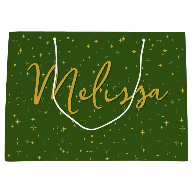 Gold Stars and Sparkles | Personalised Green Large Gift Bag (Front)