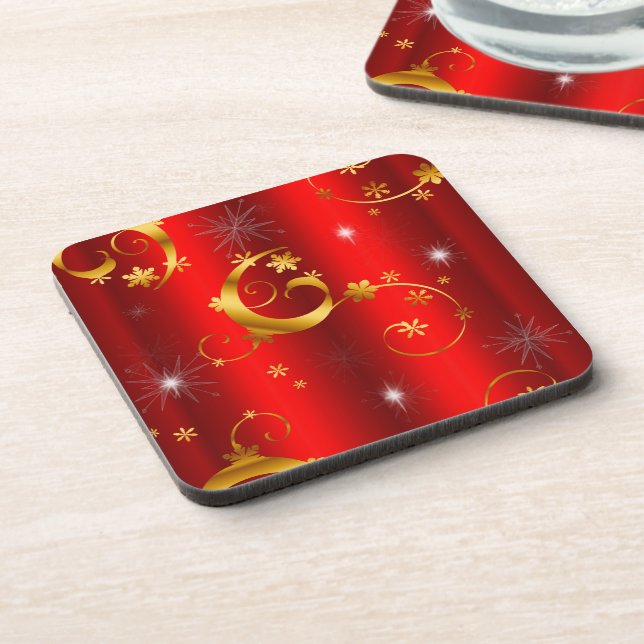 Gold Stars and Swirls Red Christmas Coaster (Left Side)