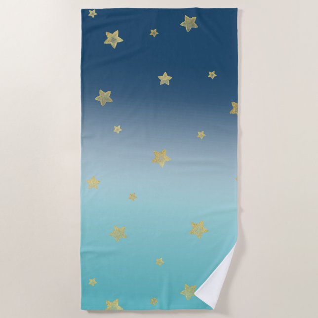 Gold Stars Aqua Blue Ombre Beach Towel (Front)