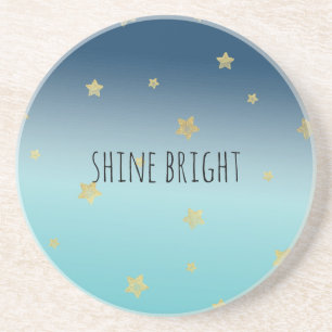 Gold Stars Aqua Blue Ombre personalised quote Coaster