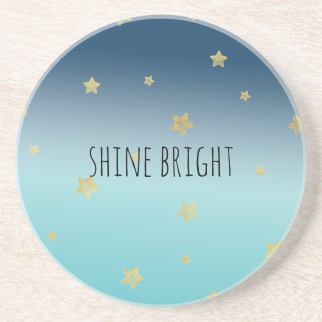 Gold Stars Aqua Blue Ombre personalised quote Coaster (Front)