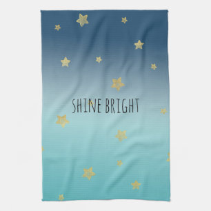 Gold Stars Aqua Blue Ombre personalised quote Tea Towel