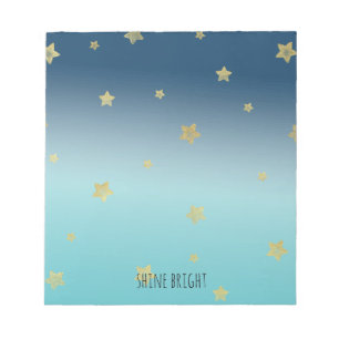Gold Stars Aqua Blue Ombre personalized quote Notepad