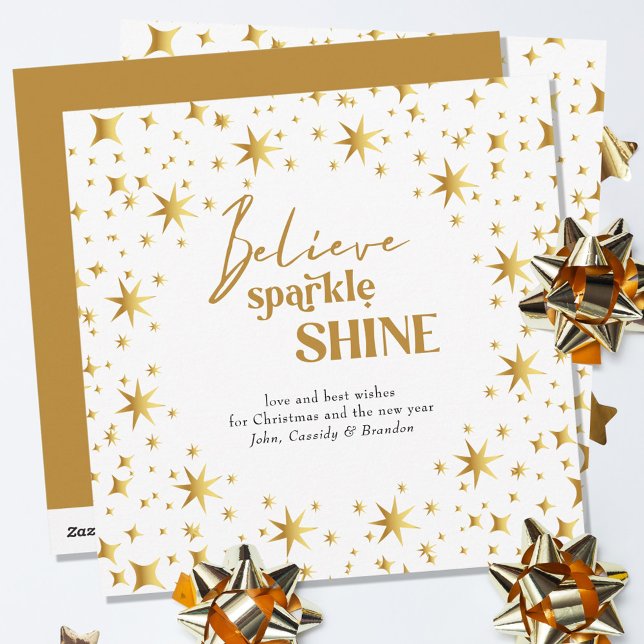 Gold Stars Believe Sparkle Shine Simple Elegant Holiday Card (Creator Uploaded)
