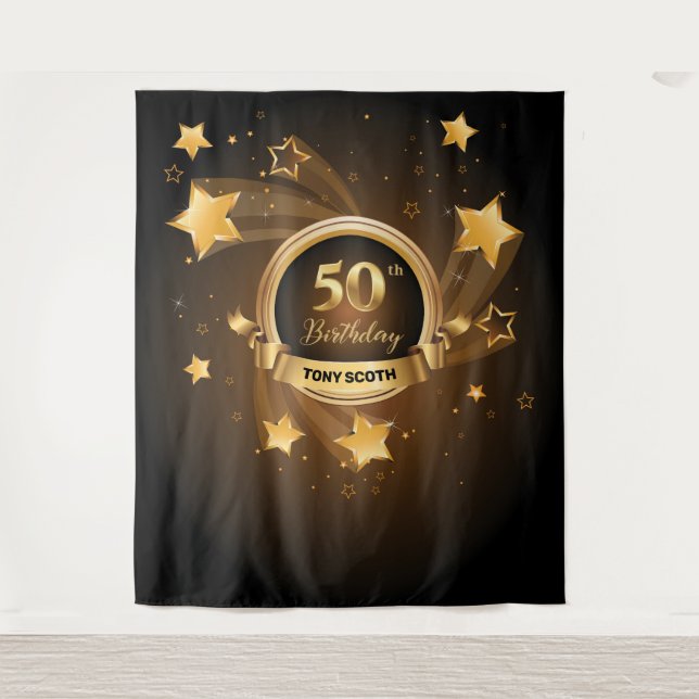 Gold Stars Birthday Party Tapestry Backdrop Banner (Front)