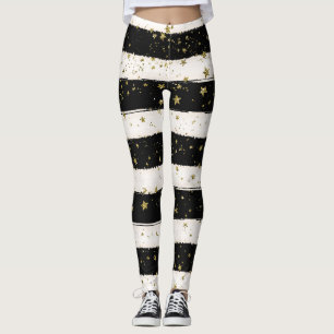 Gold Stars Black and White Stripes Leggings