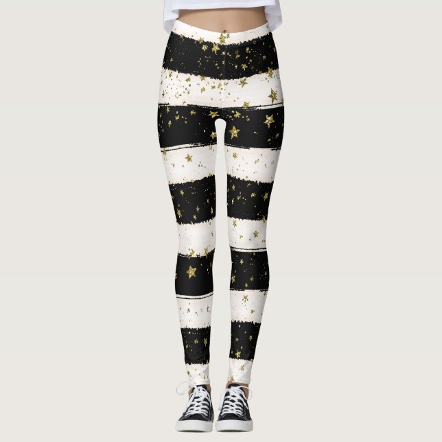Gold Stars Black and White Stripes Leggings (Front)