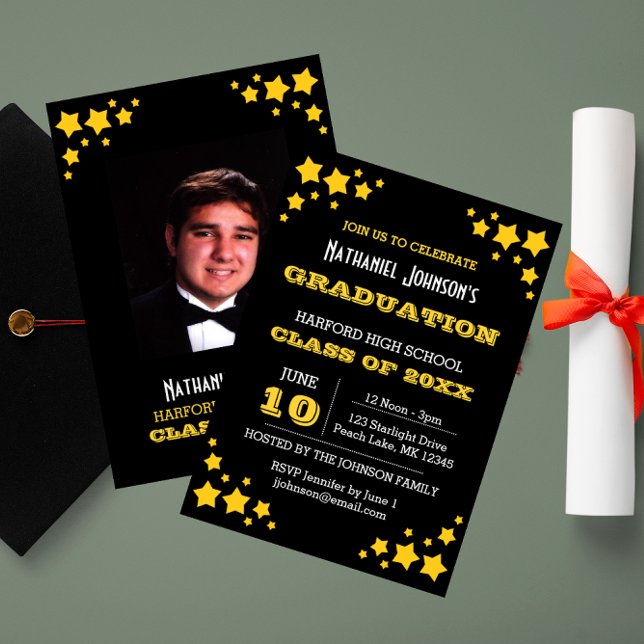 Gold Stars Black Graduation Invitation (Creator Uploaded)