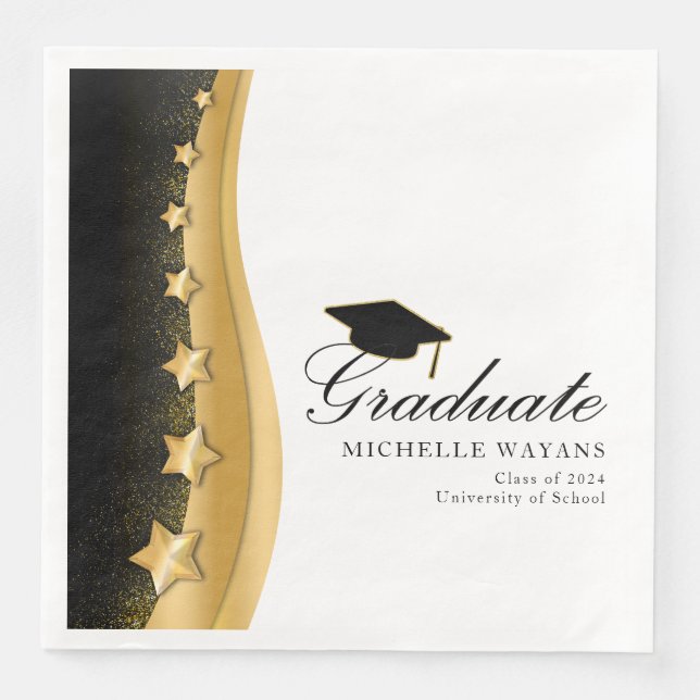 Gold Stars Black Hat Graduation Party Paper Dinner Napkin (Front)